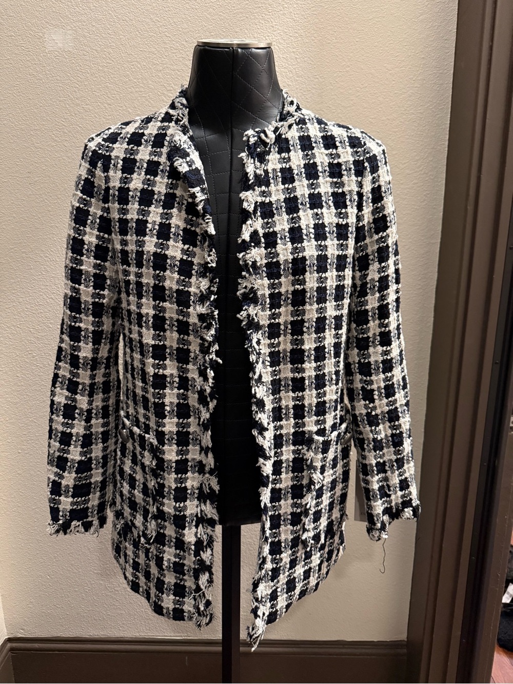 Zara Black and White Fringe Tweed Open Blazer